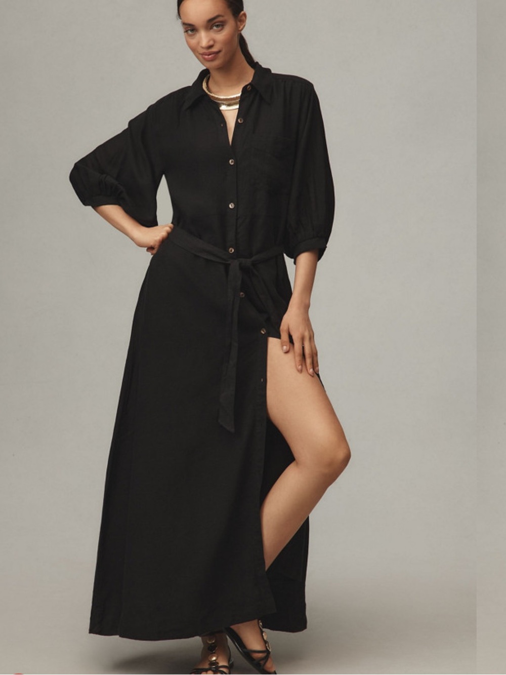 NWT Anthropologie The Mona Linen Shirt Black Button-Front Maxi Shirt Dress MP